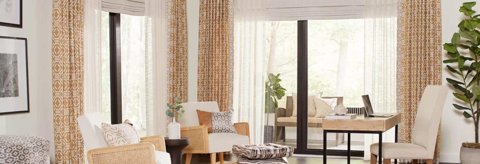 Living room interior with tan and white patterned drapery | Gotcha Covered