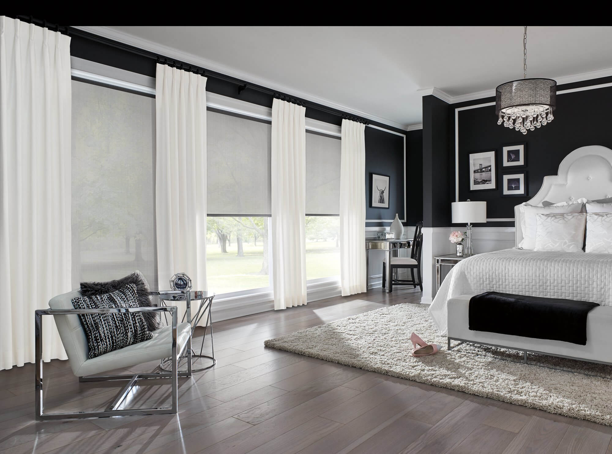 Solar shades and window film are energy efficient window treatments designed to prevent heat gain, reduce glare, and protect from UV rays. Solar shades and window film are energy efficient window treatments designed to prevent heat gain, reduce glare, and protect from UV rays.
