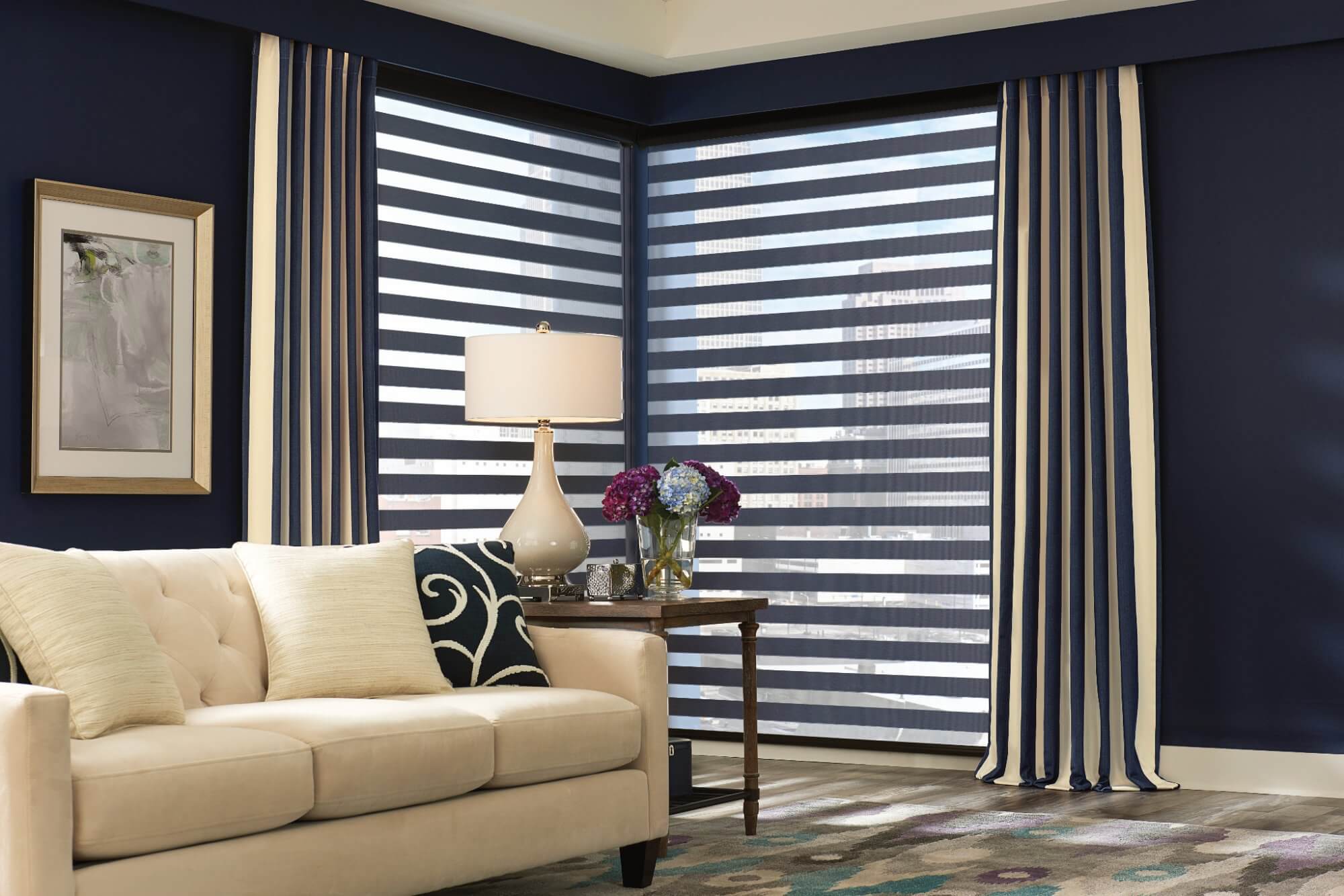 Transitional design styles are a combination of traditional and contemporary designs. Transitional window treatments will be understated but elegant. 
