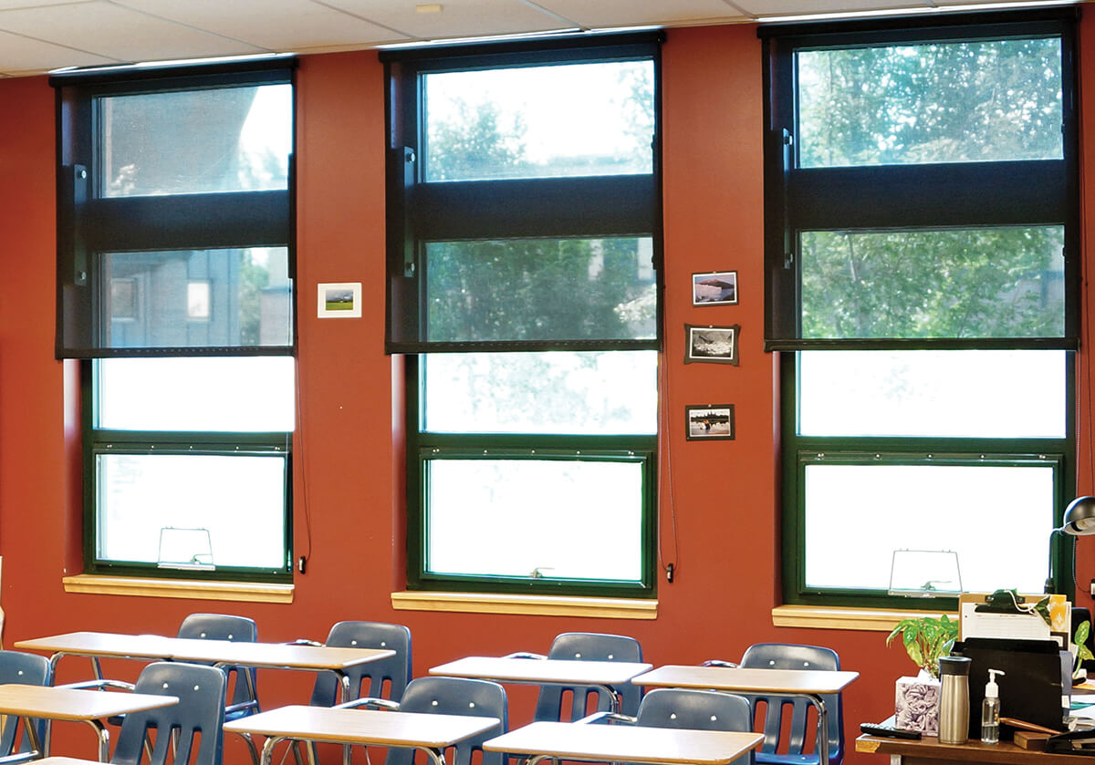 Commercial window treatments for schools should be simple and functional. 