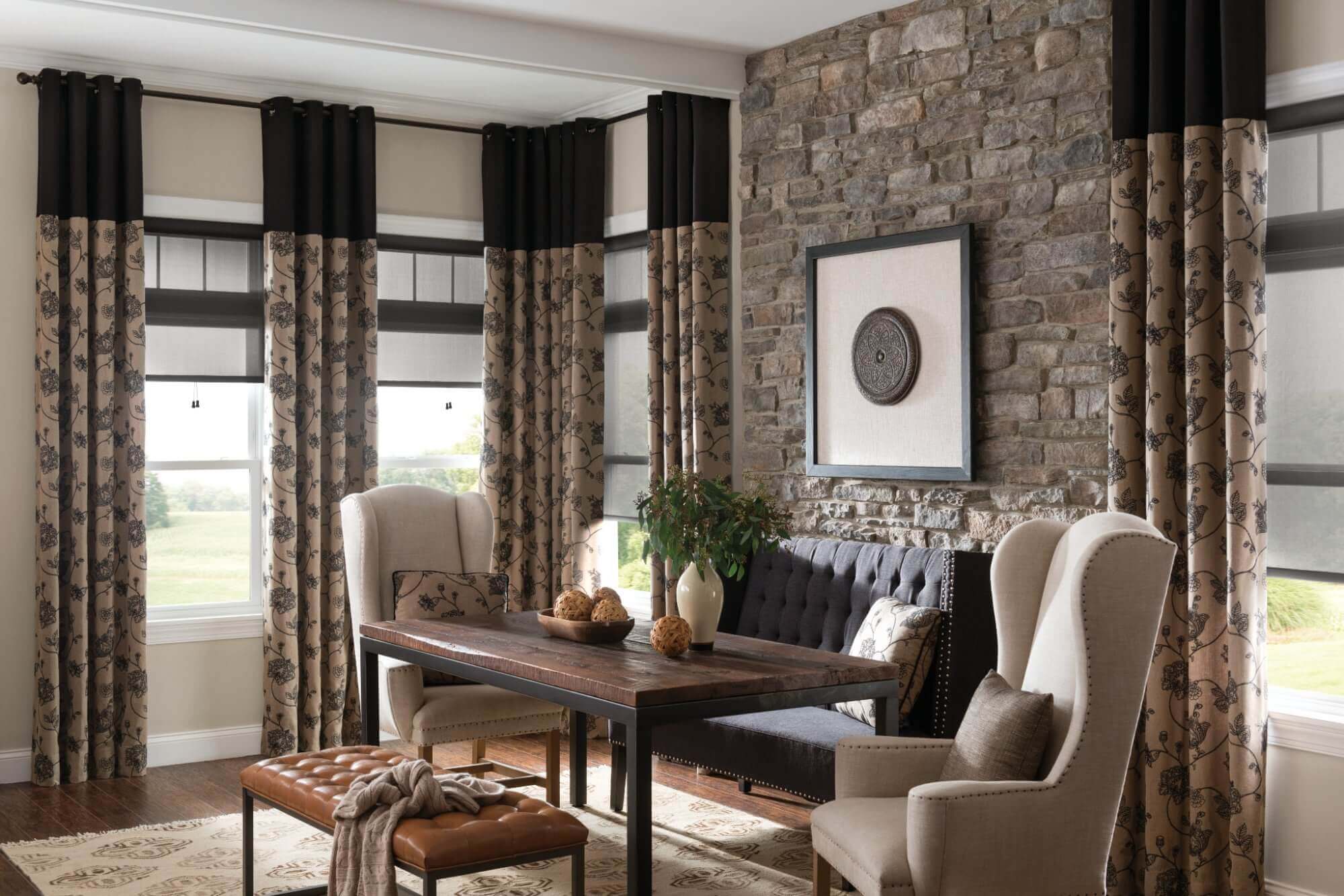 Your dining room is a great place for elegance and a bold statement in your window treatments.