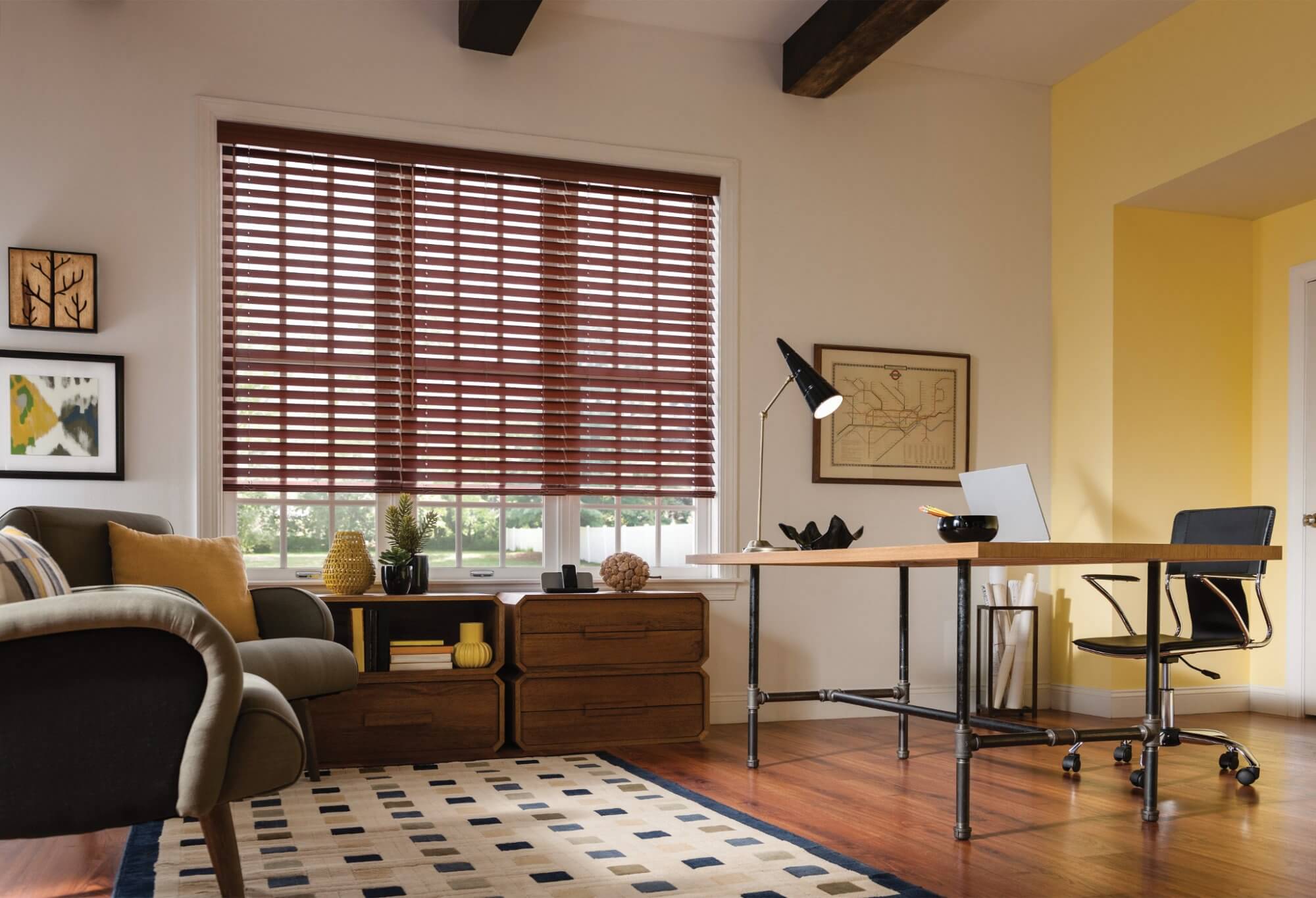 Custom faux wood blinds by Gotcha Covered