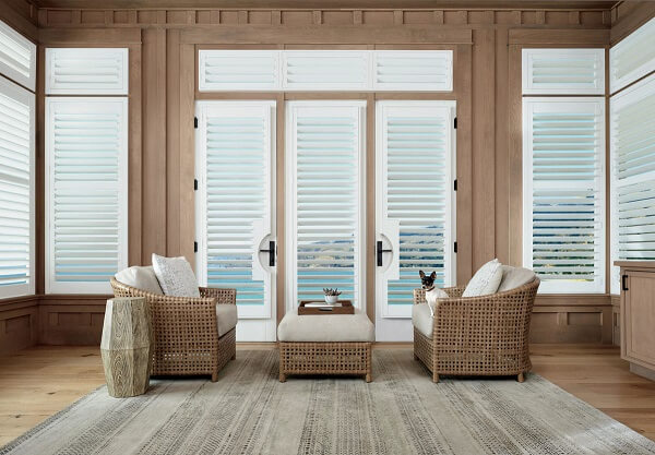 French doors are hinged and will swing open and shut so any added window treatments will need to be attached to the windows of the door to prevent obstruction. French doors are hinged and will swing open and shut so any added window treatments will need to be attached to the windows of the door to prevent obstruction.