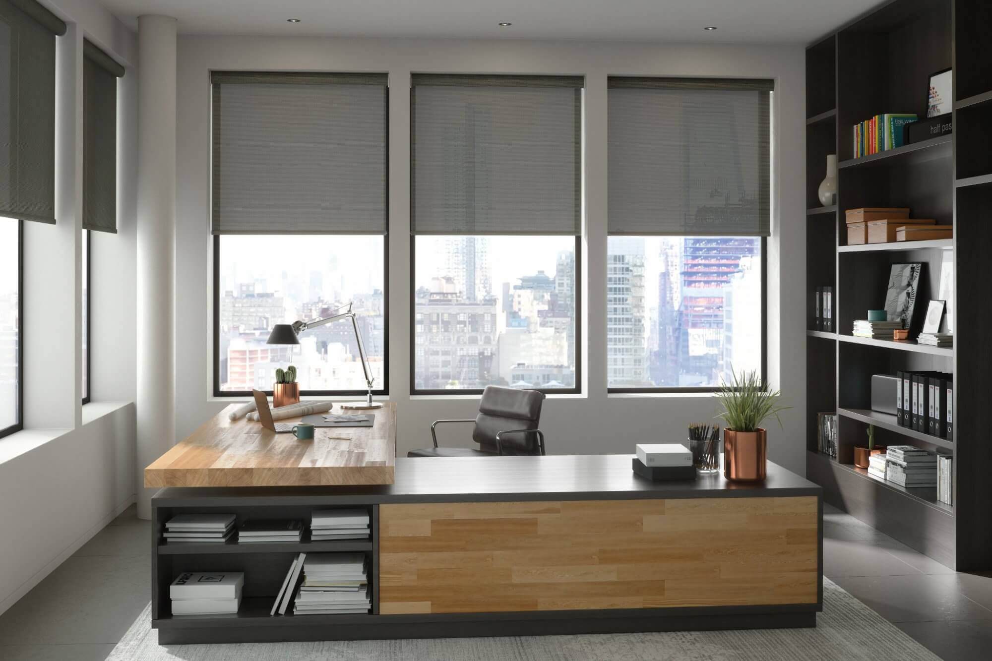 Window treatments in an office space need block unwanted glare or harsh light. 