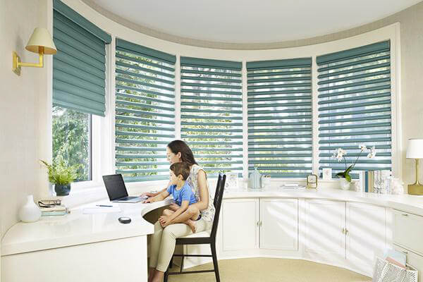Home office with blue/green shutters 