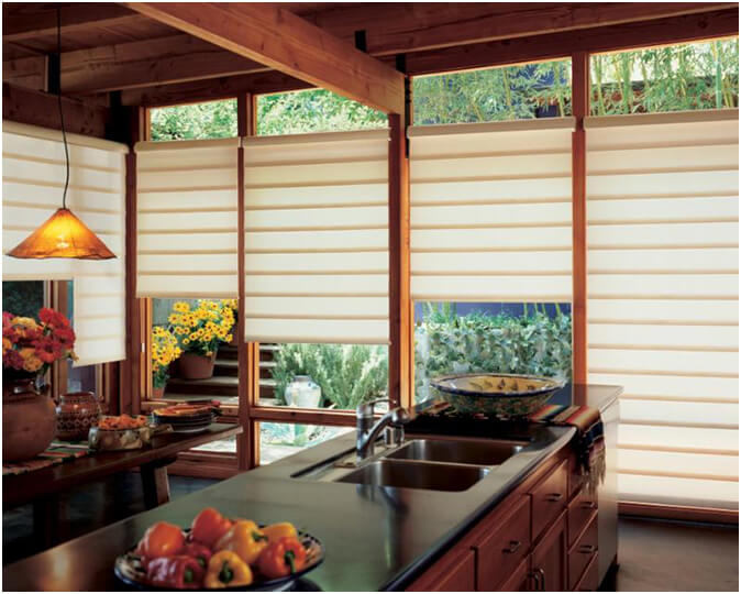 Roman shade blinds in kitchen