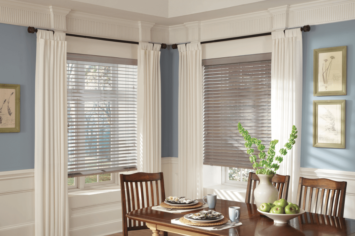 calming neutral dining room with blinds
