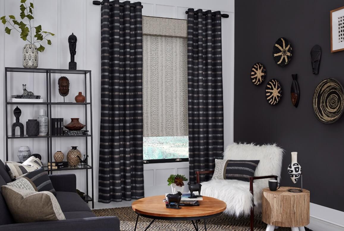 living room with dark curtains