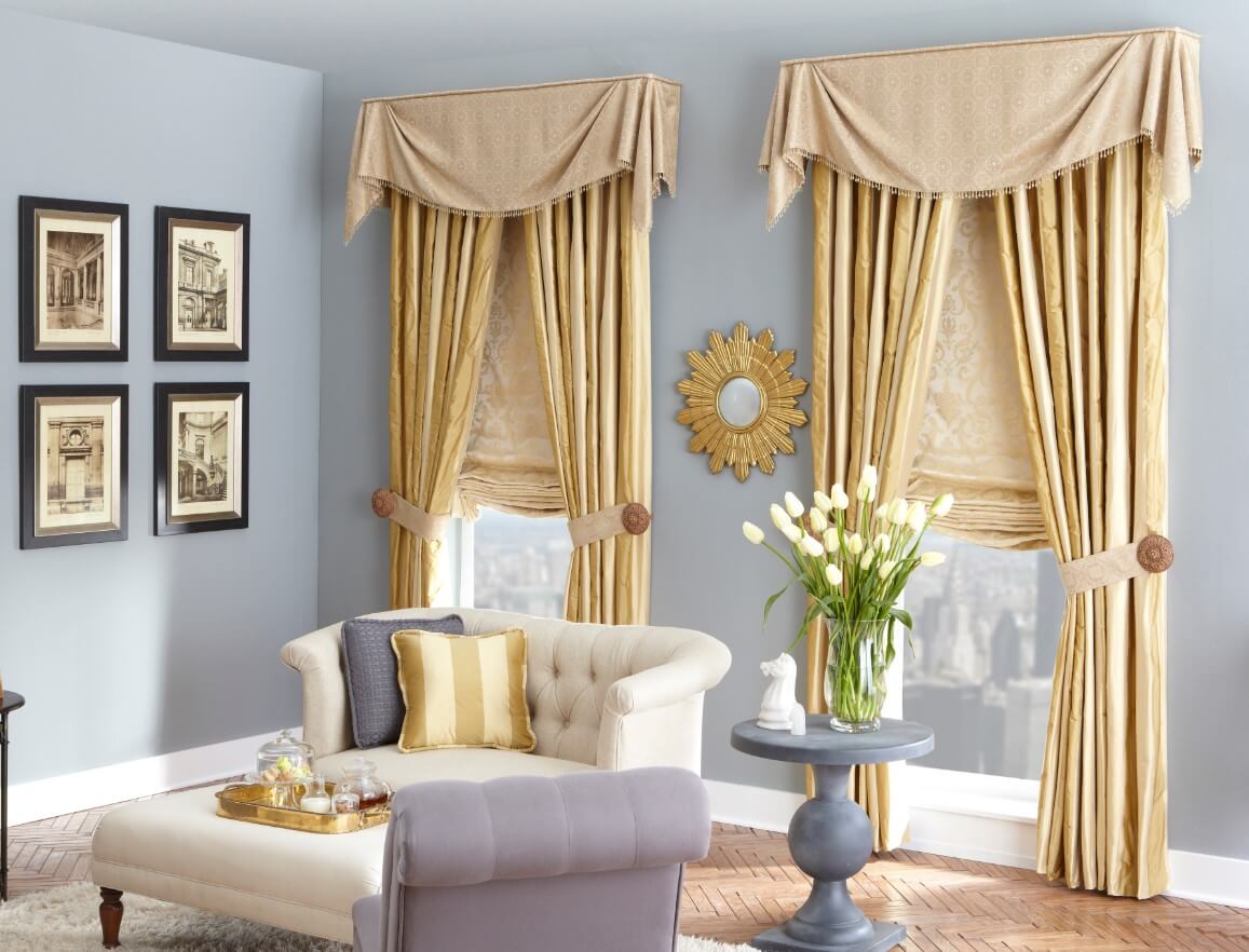 formal living room with cream colored drapery