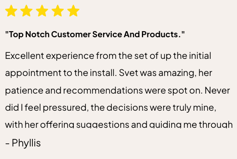 Five-star review praising Gotcha Covered of Winter Garden's patient, no-pressure window treatment consultation