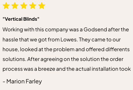 Five-star vertical blinds review describing an easy order process with Gotcha Covered of Winter Garden