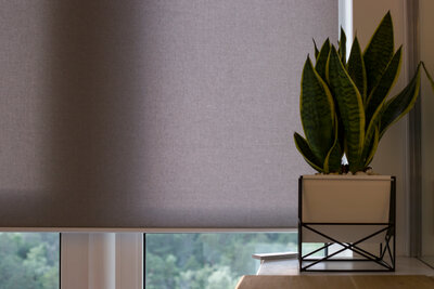 Modern bedroom with a gray motorized roller shade providing full light filtering and privacy